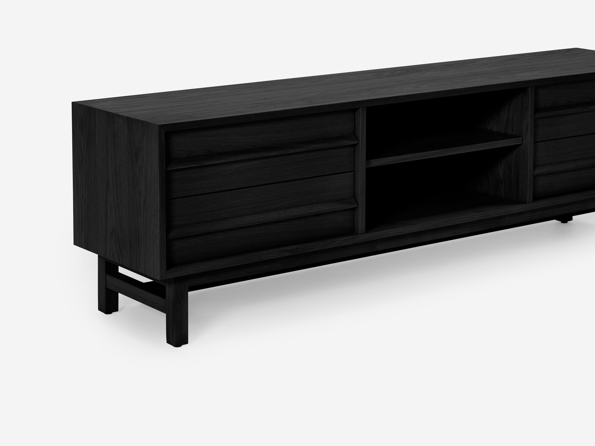 Detail view of small black oak media unit